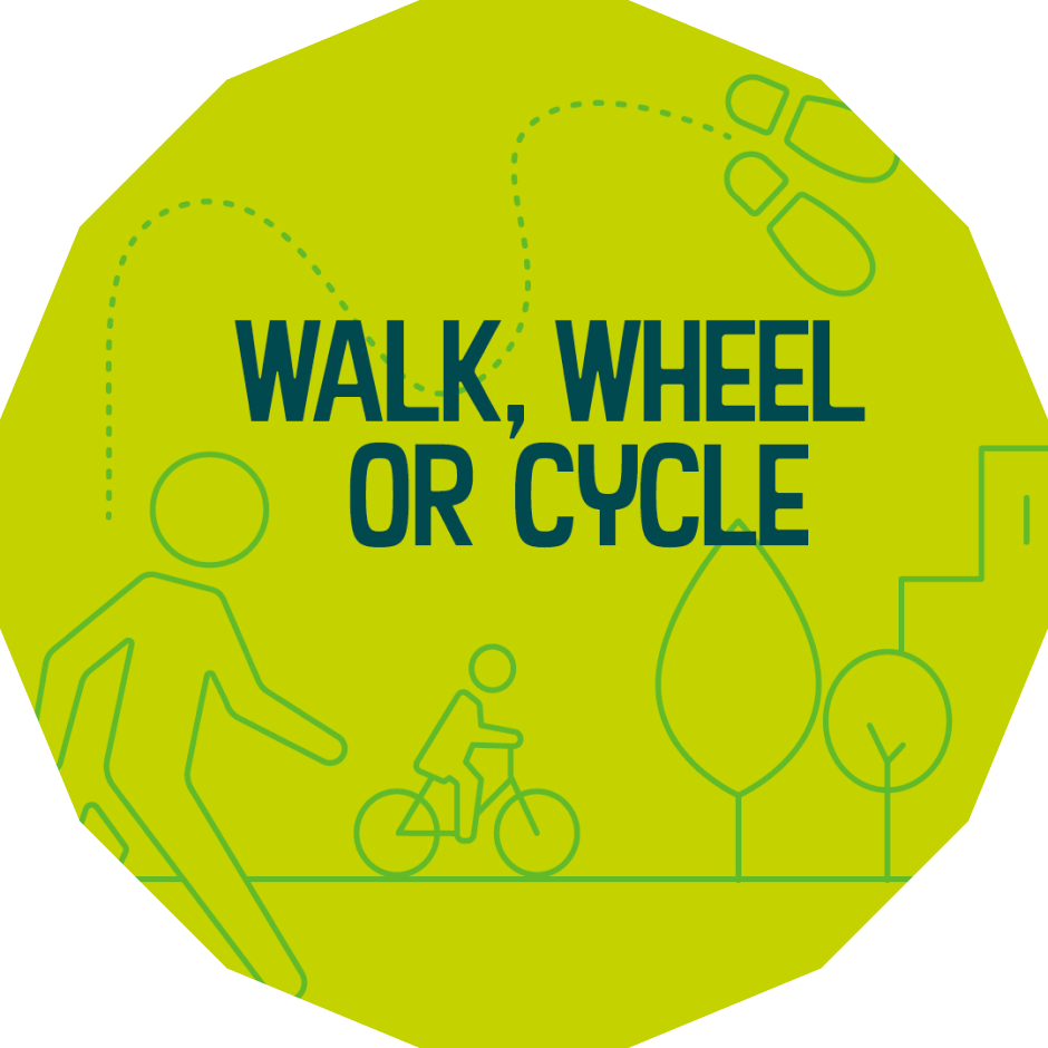 A green graphic of people walking and cycling