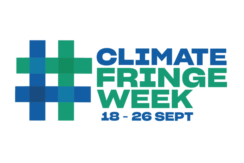 Green and blue text reading climate fringe week