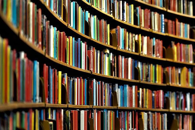 Shelves of different coloured books