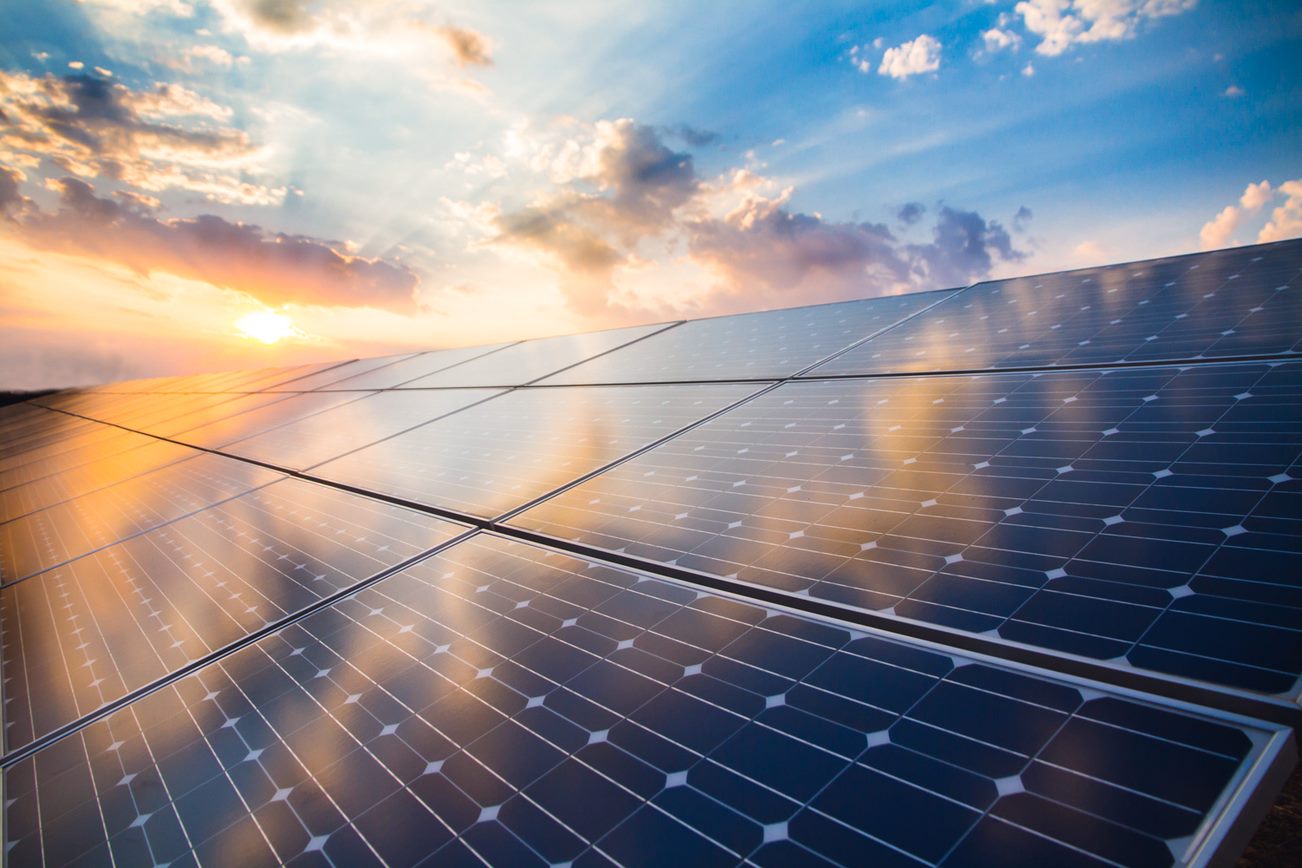 Sun hits off solar panels.