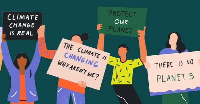 Illustration of young people holding placards at a Youth Climate protest.