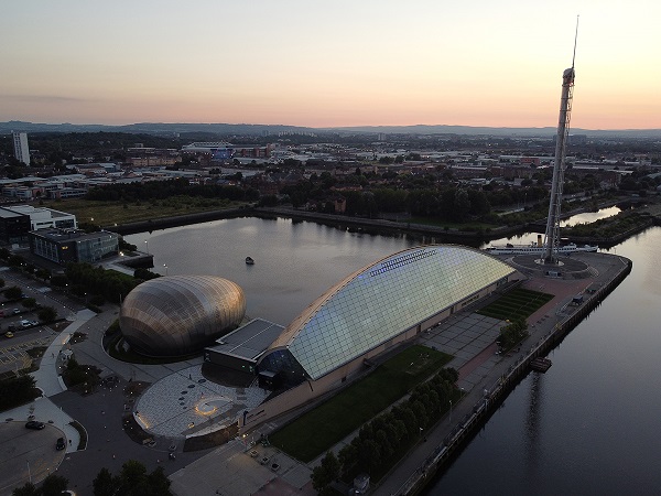 Birdseye view of Glasgow Science Centre building in the sunset