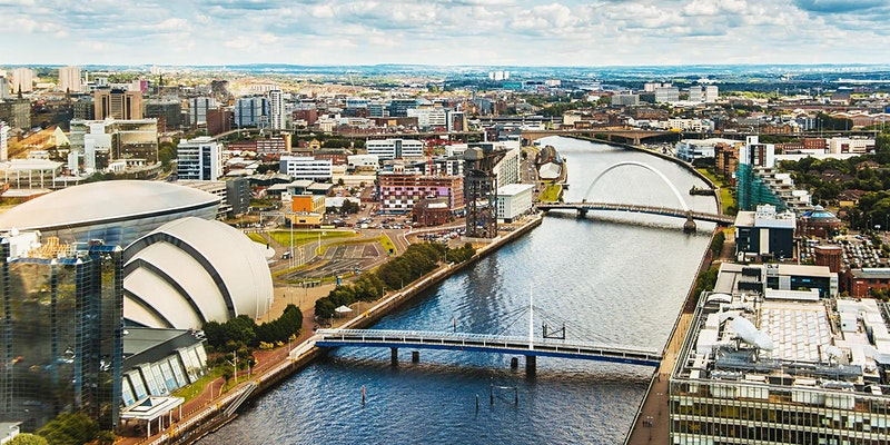 Birdseye view looking down the Clyde river, over the SECC venues and the city of Glasgow.