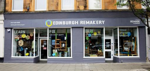 The grey painted exterior of the Remakery shop.