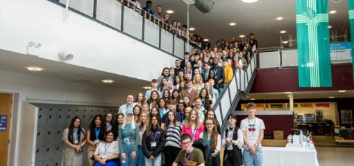 Scottish youth parliament children on a staircase