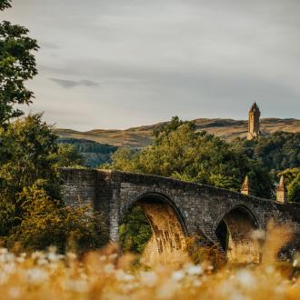 A bridge and trees nearby the Stirling hills and Wallace monument
