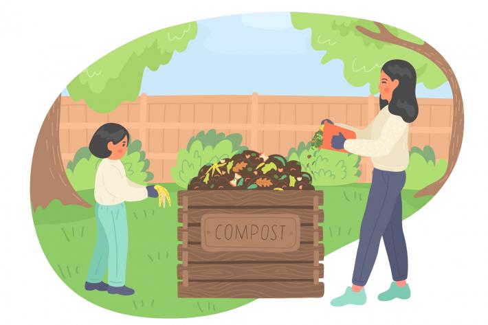 An adult and a child throwing food waste to the compost