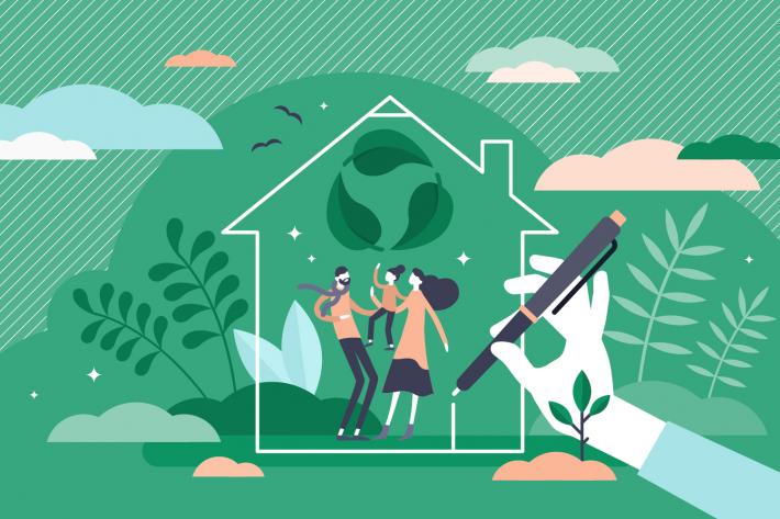 An illustration of tow adults and a child dancing in a green house, with plants all around and a person's hand with a pen drawing a line.