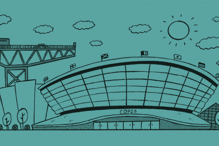 A turquoise illustration of the Scottish Exhibition Centre in Glasgow.