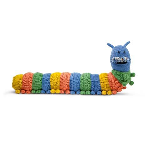 A multicoloured, knitted caterpillar draught excluder